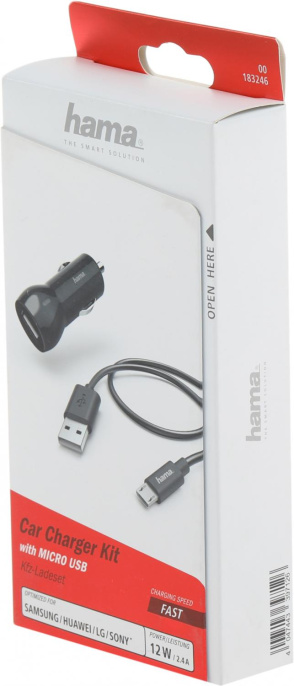 Автомобильное зарядное устройство HAMA H-183246, USB, microUSB, 2.4A, черный [00183246]