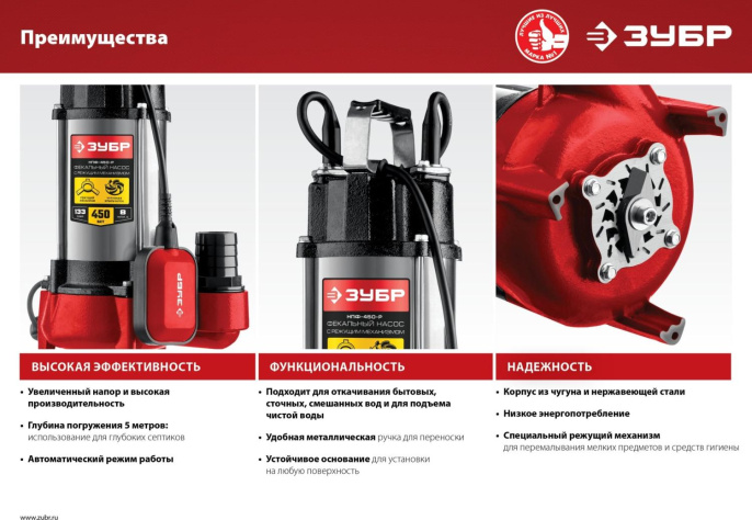 Насос фекальный Зубр Мастер НПФ-450-Р,  центробежный, погружной, 7980л/ч