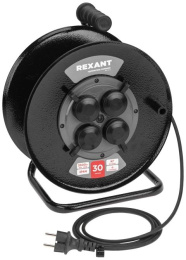 Удлинитель силовой REXANT КГ, розеток 4шт, 3x1.5 кв.мм, 16A, 30м, КГ, катушка металлическая, черный [13-5011]