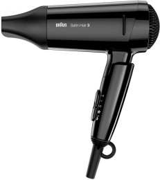 Фен Braun Satin Hair 3 (BRHD350E) (1600 Вт, питание: сеть, ионизация, 2 температурных режима, 1 скорость, насадки: концентратор, складная ручка, цвет: черный)