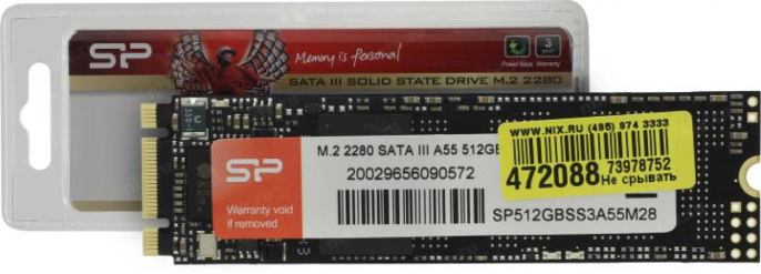 Накопитель SSD 512GB Silicon Power A55, M.2 2280, SATA III [R/W - 560/530 MB/s] TLC SP512GBSS3A55M28