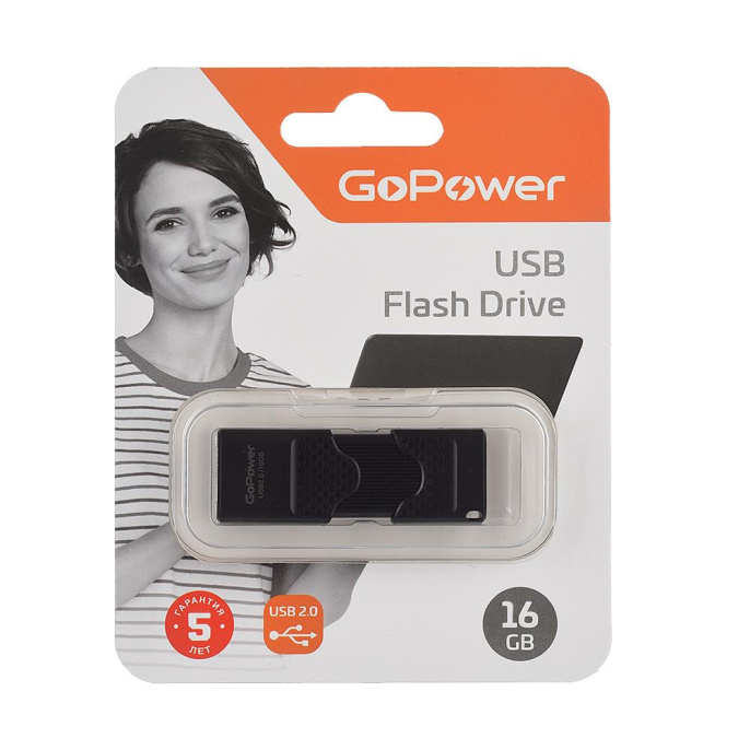 Флеш-накопитель GoPower SLIDER 16GB USB2.0 пластик черный матовый 1/50/1000 00-00025963