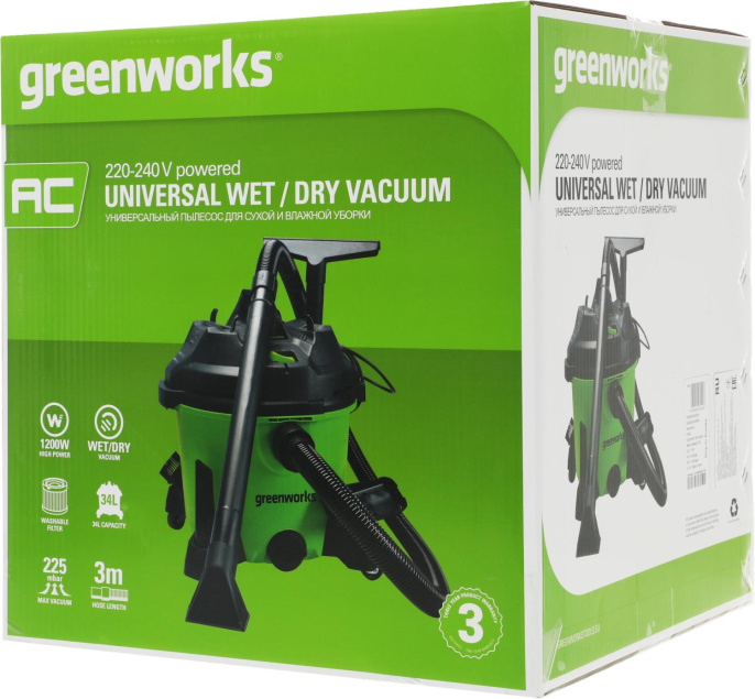 Строительный пылесос Greenworks G120WDV 1300Вт уборка: сухая/сбор воды зеленый