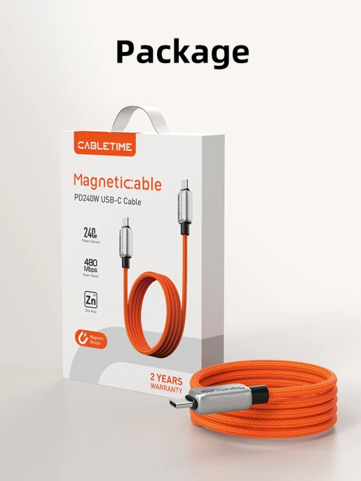 Магнитный кабель USB-C CABLETIME CU06L (CT-CM240-MZO2) 2 м, 480 Мбит/с, 5А/48В 240Вт, оранжевый, для быстрого заряда смартфонов и ноутбуков