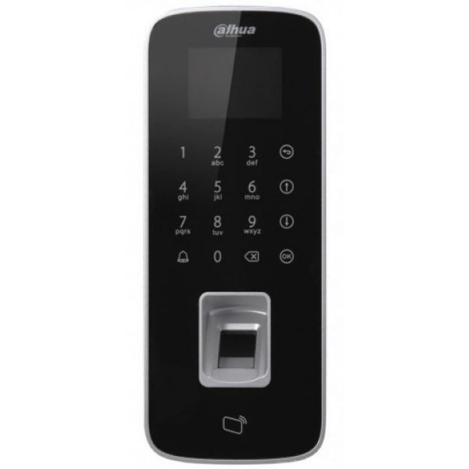 Контроллер доступа Dahua DHI-ASI1212F-D автономный, материал корпуса: ПК+АБС и стекло для лицевой панели, для внутреннего применения 2.8" сенсорный ЖК-дисплей, 240x320, алгоритм глубокого обучения снижает время распознавания отпечатков пальцев до 1.5с, п