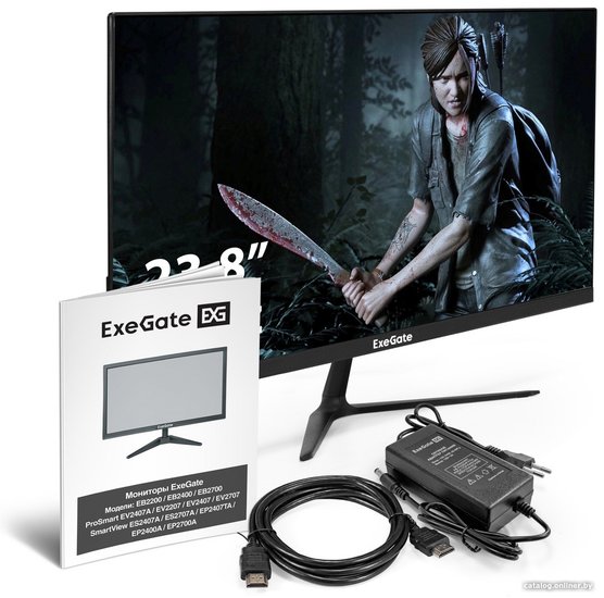 Монитор с аудио 23.8" ExeGate ProSmart EV2407A (VA LED Grade A+, FHD, 1920x1080@75Гц, 16:9, 250cd/m2, 4000:1, 178°/178°, 5ms, Speakers, D-Sub, HDMI, Audio-out, FreeSync, Low Blue Light, кабель HDMI 1.5м, VESA, регулировка наклона (tilt), черный) EX294344R