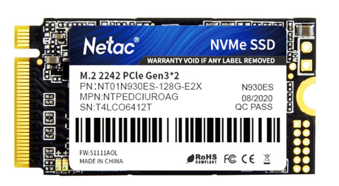 SSD накопитель NETAC N930ES NT01N930ES-128G-E2X 128ГБ, M.2 2242, PCIe 3.0 x2, NVMe, M.2, rtl