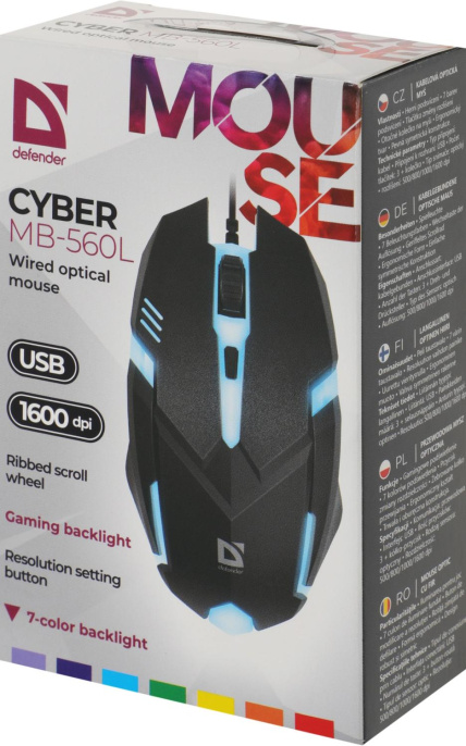 Мышь проводная Defender Cyber MB-560L, игровая, оптическая, USB, 1600dpi, черный [52560]