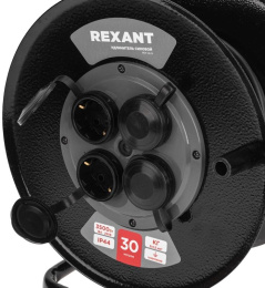 Удлинитель силовой REXANT КГ, розеток 4шт, 3x1.5 кв.мм, 16A, 30м, КГ, катушка металлическая, черный [13-5011]