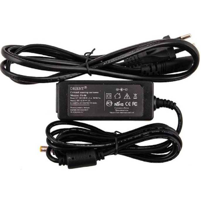 ORIENT PA-06, Блок питания DC 12V, 3.0A, стабилизированный, защита от КЗ и перегрузки Imax~3.5А , вилка с кабелем 29505