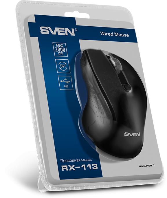 Мышь Sven RX-113 Black USB SV-018733 ноутбучная мышь для ПК, проводная USB, сенсор оптический 2000 dpi, 6 кнопок, колесо с нажатием, цвет черный
