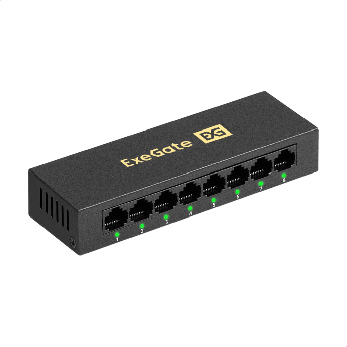Коммутатор неуправляемый ExeGate EDES-1008D 8-портовый UTP 10/100Mbps, металлический корпус, с функцией энергосбережения EEE , настольный/настенный EX298690RUS