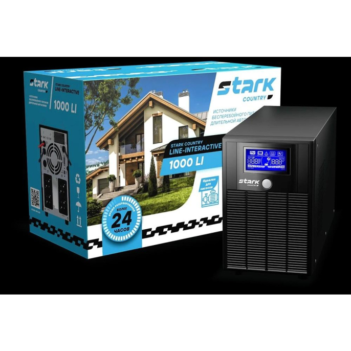 ИБП STARK SC 1000 LI {1000ВА/600Вт, Line-Interactive, на пол, 140-300В, 4хЕВРО, Чистый синус, SNMP, AS400, БЕЗ АКБ - внешние батарея х1 9-400Ач}