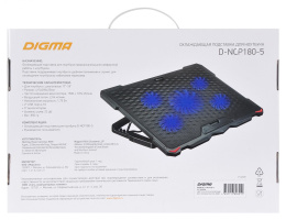 Подставка для ноутбука Digma D-NCP180-5, 18", 415х295х25 мм, 2хUSB, вентиляторы 5 х 79/150 мм, 850г, черный