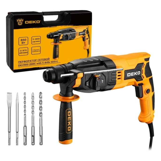 Сетевой перфоратор DEKO DKH900 в кейсе с набором из 5 буров SDS+, 850 Вт 083-1044