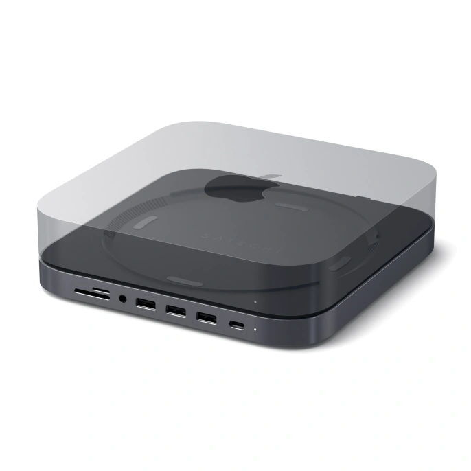 USB док станция с подставкой Satechi Mac Mini Stand & Hub для Mac Mini. Порты: 1x USB-C, 3 x USB, 3,5mm AUX, SD, microSD. Цвет: серый космос. (ST-ABHFM)