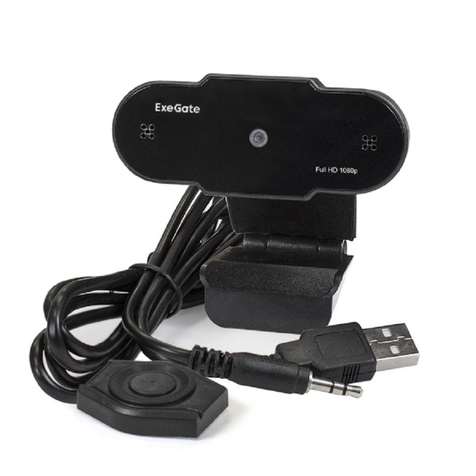 Веб-камера ExeGate BlackView C615 Full HD Tripod (2Мп, 1920х1080, 1080P, 30fps, защитная шторка, штатив Flex в комплекте, фиксированный фокус, 4-линзовый объектив, микрофон с шумоподавлением, универсальное крепление, USB, кабель 1,5 м, Windows® 7/8/10/11,