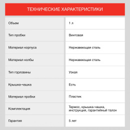 Термос StarWind 10-1000, 1л, серебристый/ красный
