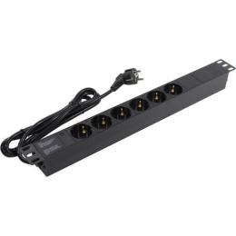 Блок розеток с кабелем с евровилкой ExeGate ServerPro PDU-19H602 Al-6S-EU2CU 19", 1U, Алюминий, 6 Schuko, кабель с евровилкой VDE-250V-16A-3*1.5mm2, медь, 2метра, индикатор питания, черный, RTL EX280827RUS