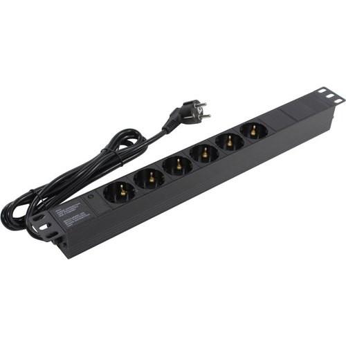 Блок розеток с кабелем с евровилкой ExeGate ServerPro PDU-19H602 Al-6S-EU2CU 19", 1U, Алюминий, 6 Schuko, кабель с евровилкой VDE-250V-16A-3*1.5mm2, медь, 2метра, индикатор питания, черный, RTL EX280827RUS