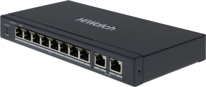 Коммутатор HiWatch DS-S1008P 8x100Мбит/с 2x1Гбит/с 8PoE 8PoE+ 60W неуправляемый
