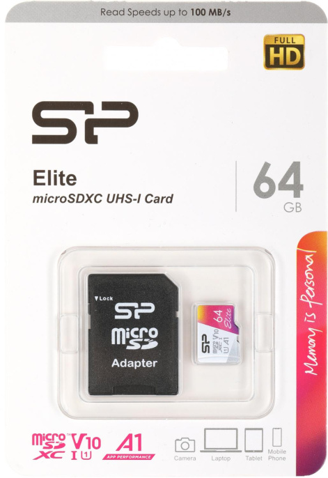 Карта памяти microSDXC UHS-I U1 Silicon Power Elite 64 ГБ, 100 МБ/с, Class 10, SP064GBSTXBV1V20SP, 1 шт., переходник SD