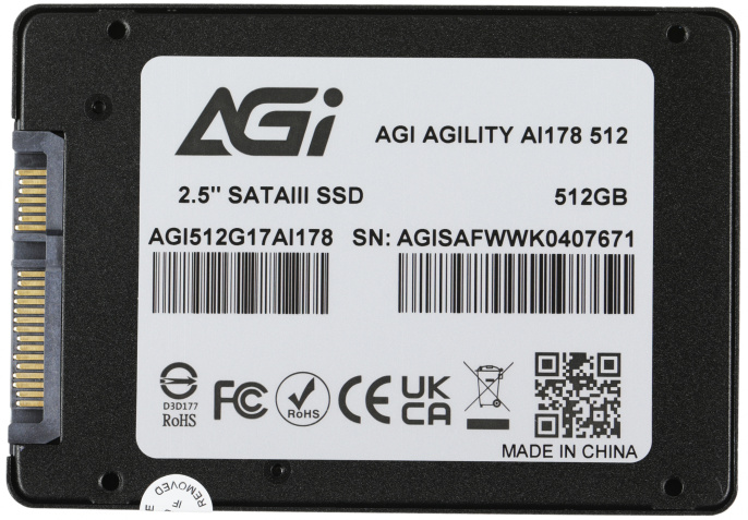Накопитель SSD AGI AI178 512GB AGI512G17AI178 2.5", SATA 3.0, 3D TLC, скорость чтения/записи: 550/510MB/s