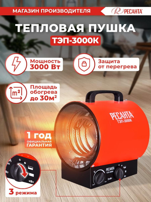 Электрическая тепловая пушка Ресанта ТЭП-3000К, 3кВт, красный [67/1/8]
