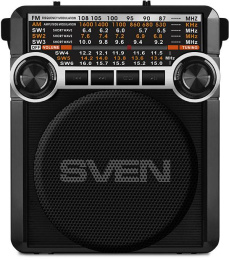 Радиоприемник SVEN SRP-355, черный мощность 3 Вт RMS , FM/AM/SW, USB, SD/microSD, фонарь, встроенный аккумулятор