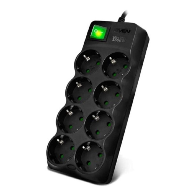 Фильтр SVEN SF-08E-16 1,8 м 8 розеток с защитными шторками,16А черный, цветная коробка [SV-021603]