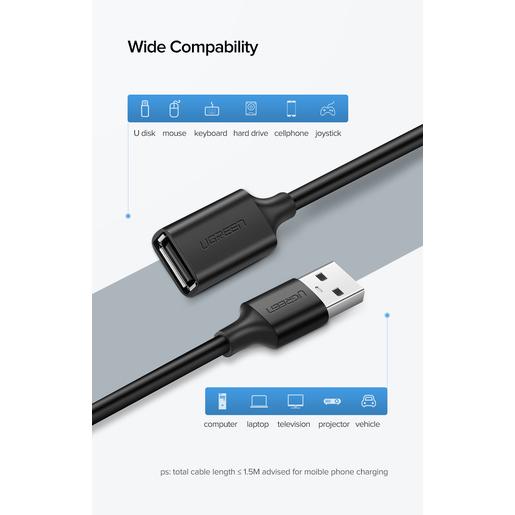 Кабель UGREEN US103-10314 USB-A 2.0 M to USB-A 2.0 F , скорость до 480 Мбит/с, 1m Black