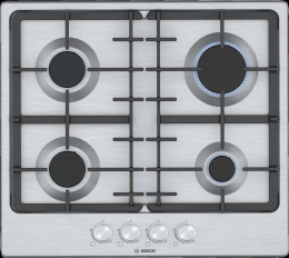 Встраиваемая газовая панель BOSCH Serie 4, газовая варочная панель, 60см, нержавеющая сталь, 4 конфорки,1 конфорка повышенной мощности, составные чугунные решетки, газ-контроль, автоматический электроподжиг, сделано в Испании PGP6B5O93R