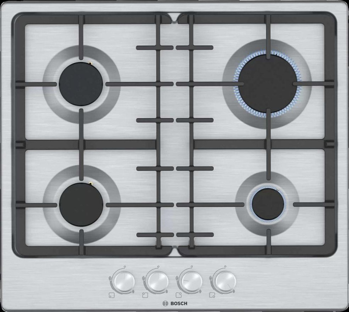 Встраиваемая газовая панель BOSCH Serie 4, газовая варочная панель, 60см, нержавеющая сталь, 4 конфорки,1 конфорка повышенной мощности, составные чугунные решетки, газ-контроль, автоматический электроподжиг, сделано в Испании PGP6B5O93R