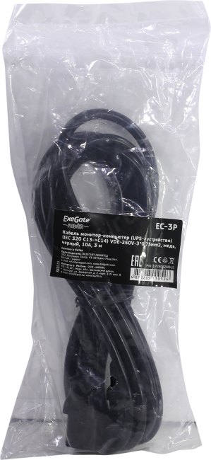Кабель питания ExeGate Power EC-3P-C13- C14/3x0.75Cu C13- C14, VDE-250V-3*0.75mm2, медь, черный, 10A, 3м EP280628RUS