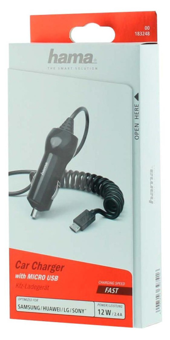 Автомобильное зарядное устройство HAMA H-183248,  microUSB, 12Вт, 2.4A, черный [00183248]