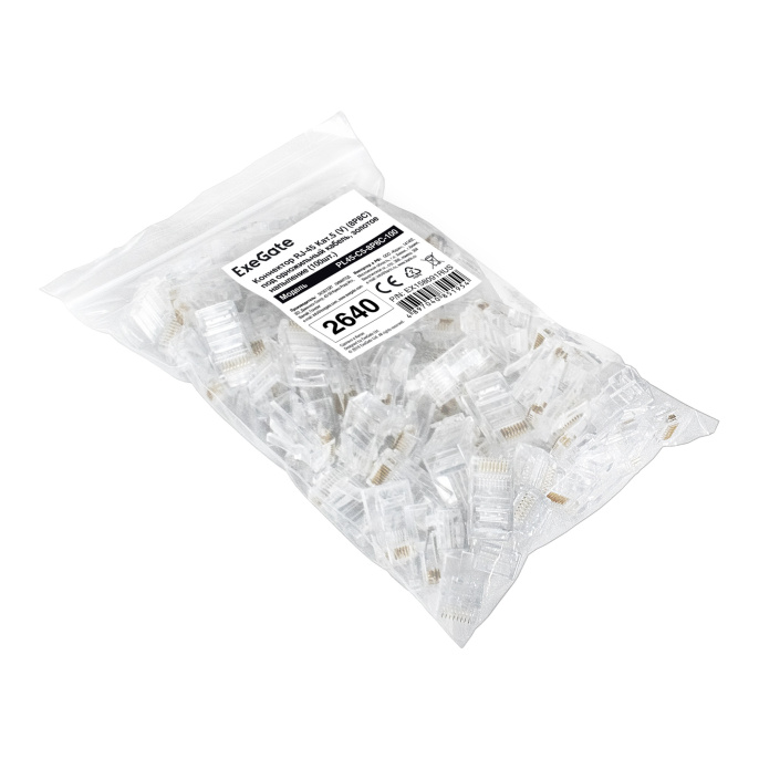 Коннектор ExeGate PL45-C5-8P8C-100 RJ-45 Кат.5e (8P8C) под одножильный кабель UTP, золотое напыление (100шт) EX158091RUS