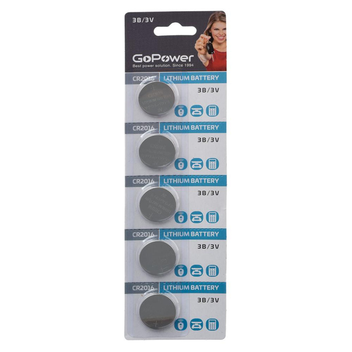Батарейка CR2016/ Батарейка GoPower CR2016 BL5 Lithium 3V 5/100/2000 блистер 5 шт.