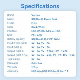 Power Bank Vention 30000mAh Micro-USB/C-A/A 22.5W Черный с LED Дисплеем, шт. FHMB0