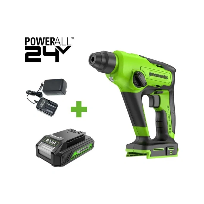 Перфоратор GreenWorks GD24SDS1, 24V, б/щет, 1.2 Дж, 4800уд/мин, 12 мм в бетоне, 1x2Ач, ЗУ, коробка 3803107VUA