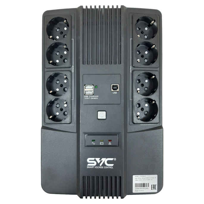 Источник бесперебойного питания SVC 1000ВА/600Вт, Вых.разъёмы: 4 розеток Schuko + 4 розеток Schuko без бат. поддержки + 2*USB A , Светодиодная индикация, Напольный U-1000/BSSC