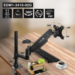 Кронштейн для монитора 13"-34" настольный ExeGate EDM1-3410-02G EX300163RUS (газовая пружина, VESA 75x75, 100x100, макс.нагрузка 10 кг, наклон -90°/+90°, поворот -90°/+90°, вращение 360°, 2 способа крепления: сквозное и струбцина, цвет черный)