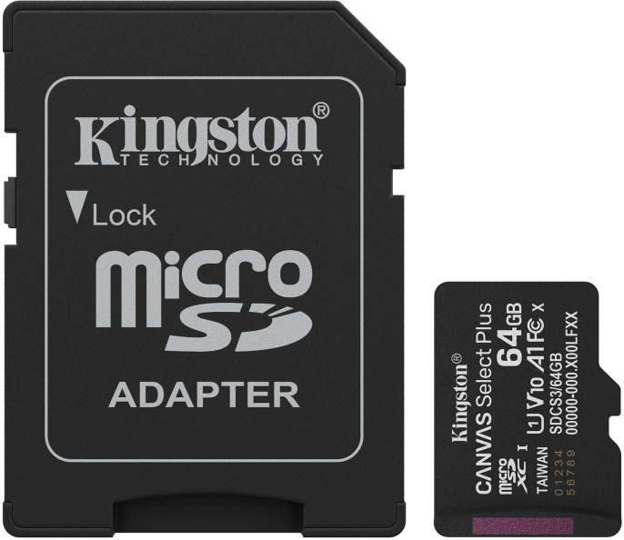 Карта памяти microSDXC UHS-I U1 Kingston Canvas Select Plus 64 ГБ, 100 МБ/с, Class 10, SDCS3/64GB,  1 шт., переходник SD