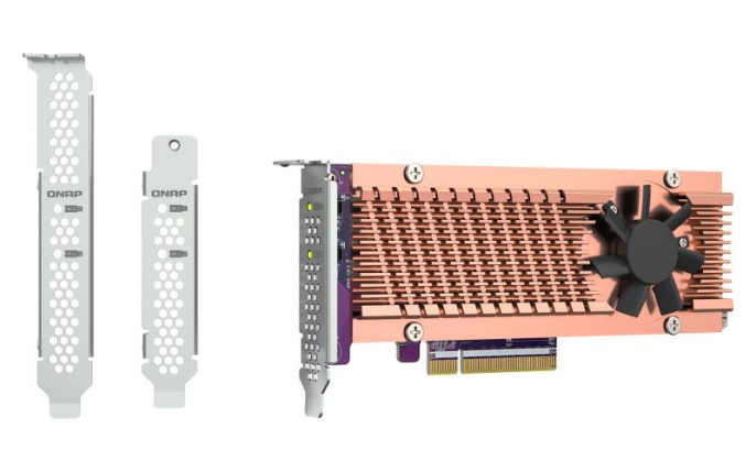 Плата расширения QNAP QM2-2P-384A 2 x M.2 22110 or 2280 PCIe Gen3 x8 NVMe SSD slots. Low-profile flat and Full-height brackets included.