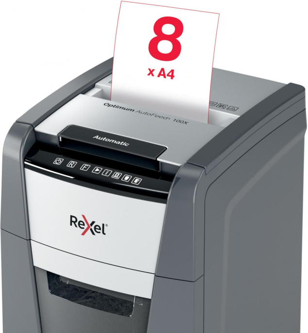 Уничтожитель бумаг Rexel Optimum AutoFeed 100X, с автоподачей, P-4, 4х28 мм, 100 лист. одновременно, 34л [2020100xeu]