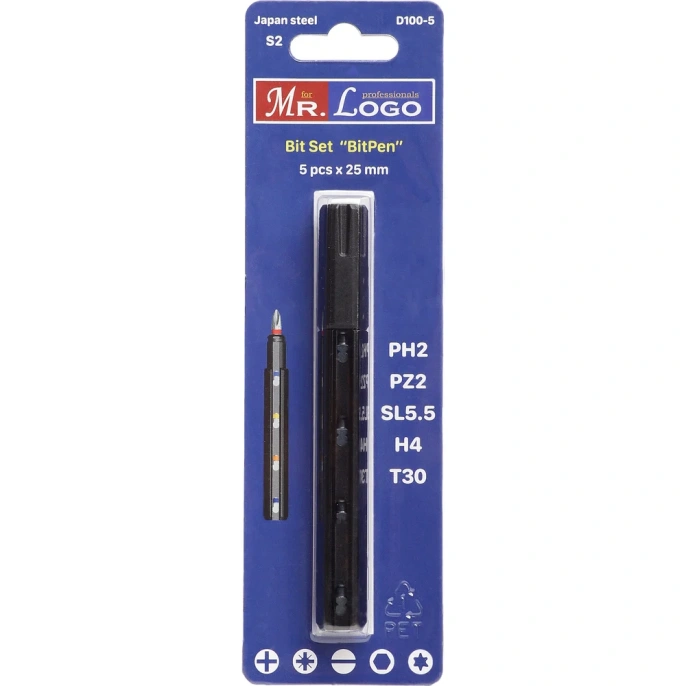 Набор бит с ручкой 5 шт, PH2, PZ2, SL5.5, H4, T30 Mr. Logo D100-5