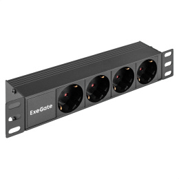Блок розеток 10" с разъемом C14 ExeGate ServerPro PDU-10H401 Al-4S-C14 10", 1U, Алюминий, 4*EU/Тип F Schuko , C14, ШхВхГ : 274х45х45 мм, черный, RTL EX298596RUS