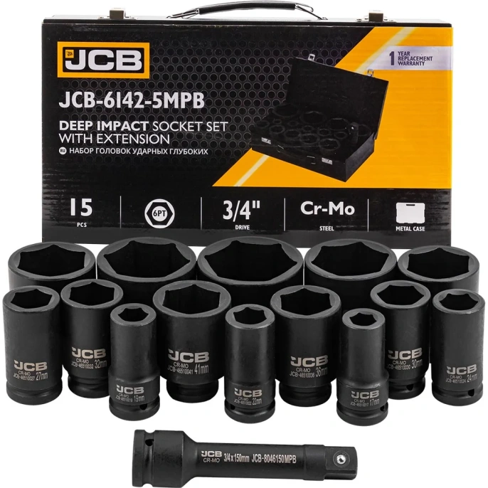 Набор головок ударных глубоких JCB 3/4", 14 предметов, 6 граней, 17,19,22,24,27,30,32,36,41,46,50,55,60,65 мм, в метал.кейсе JCB-6142-5MPB 61735 (JCB-6142-5MPB(61735))