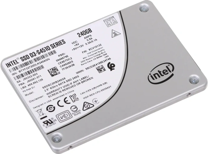 SSD 2,5" SATA-III Intel D3-S4510 240GB SSDSC2KB240G801 3D TLC NAND, последовательный доступ: 560/280 MBps, случайный доступ: 90000/16000 IOps, МТBF 2M Retail