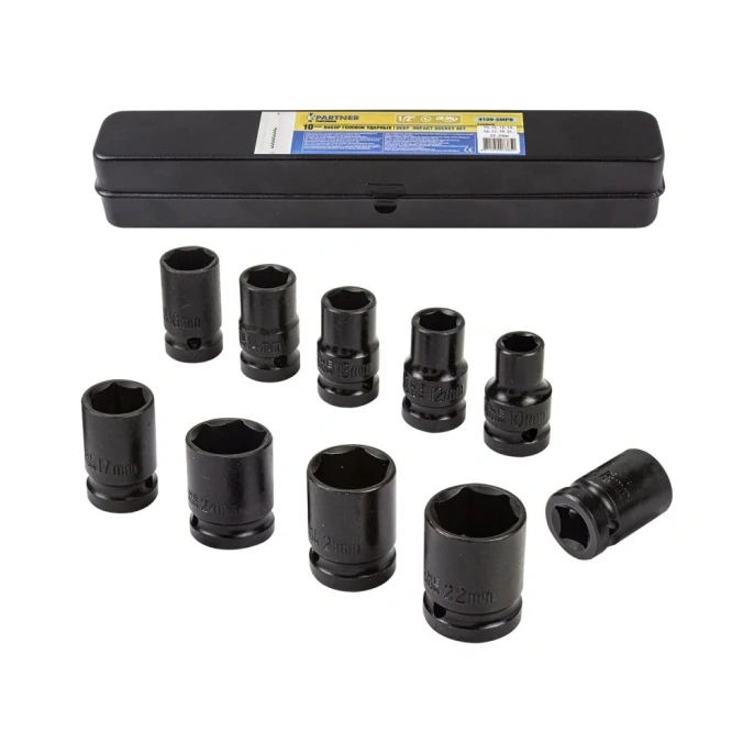 Набор головок ударных 10 шт, 1/2"DR, 6 гр., (10, 12, 13, 14, 16, 17, 19, 21, 22, 24 мм) в металлическом кейсе Partner PA-4109-5MPB(56166)