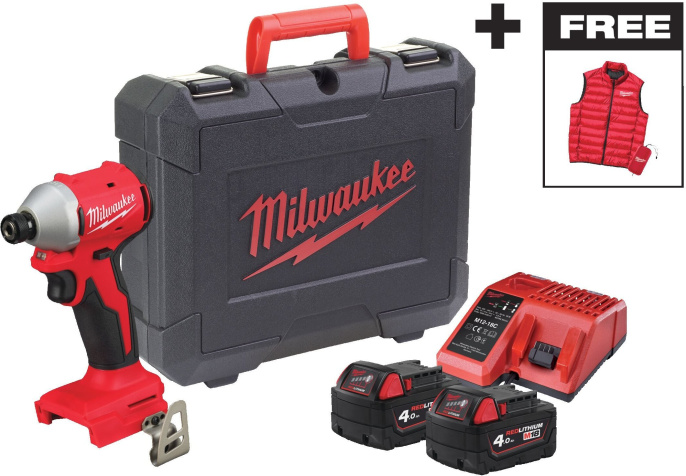 Промо-набор Milwaukee M18 BLIDRCMC-402C 4933499457 включает: винтовёрт M18 BLIDRC-402C, 2 аккумуляторных блока M18 B5, зарядное устройство M12-M18FC, пуховый жилет Milwaukee